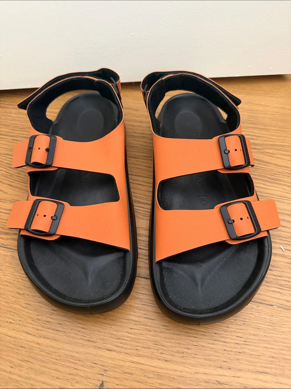 Men’s  Birkenstock Leather Upper Orange Two-Strap Buckle Sandals Size 43